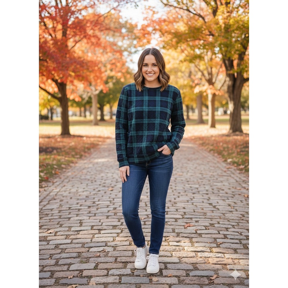 Lands' End Navy Green L 14-16 Plaid Quilted Sweatshirt Preppy Casual